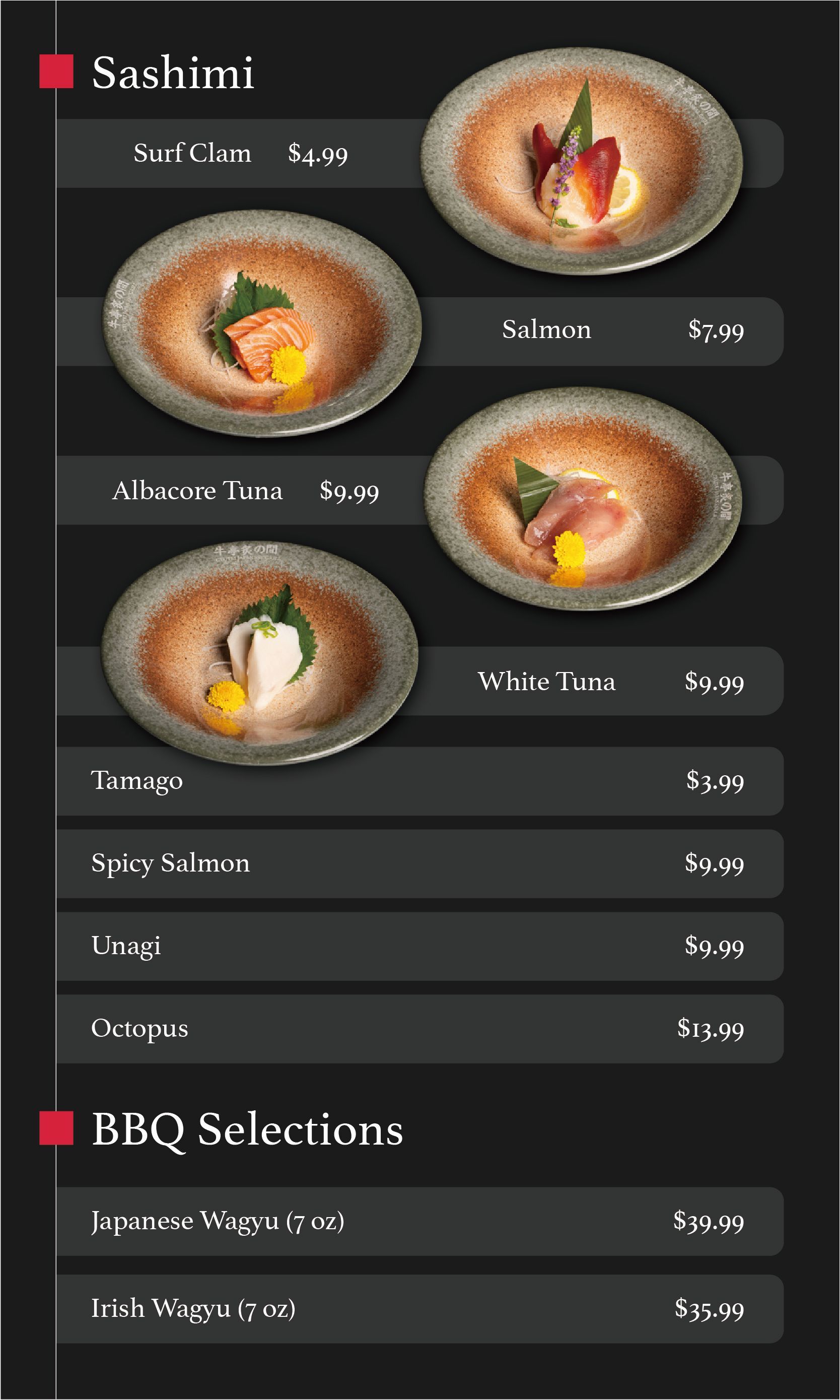 Sashimi menu with illustrated fish dishes and BBQ selections on a dark background