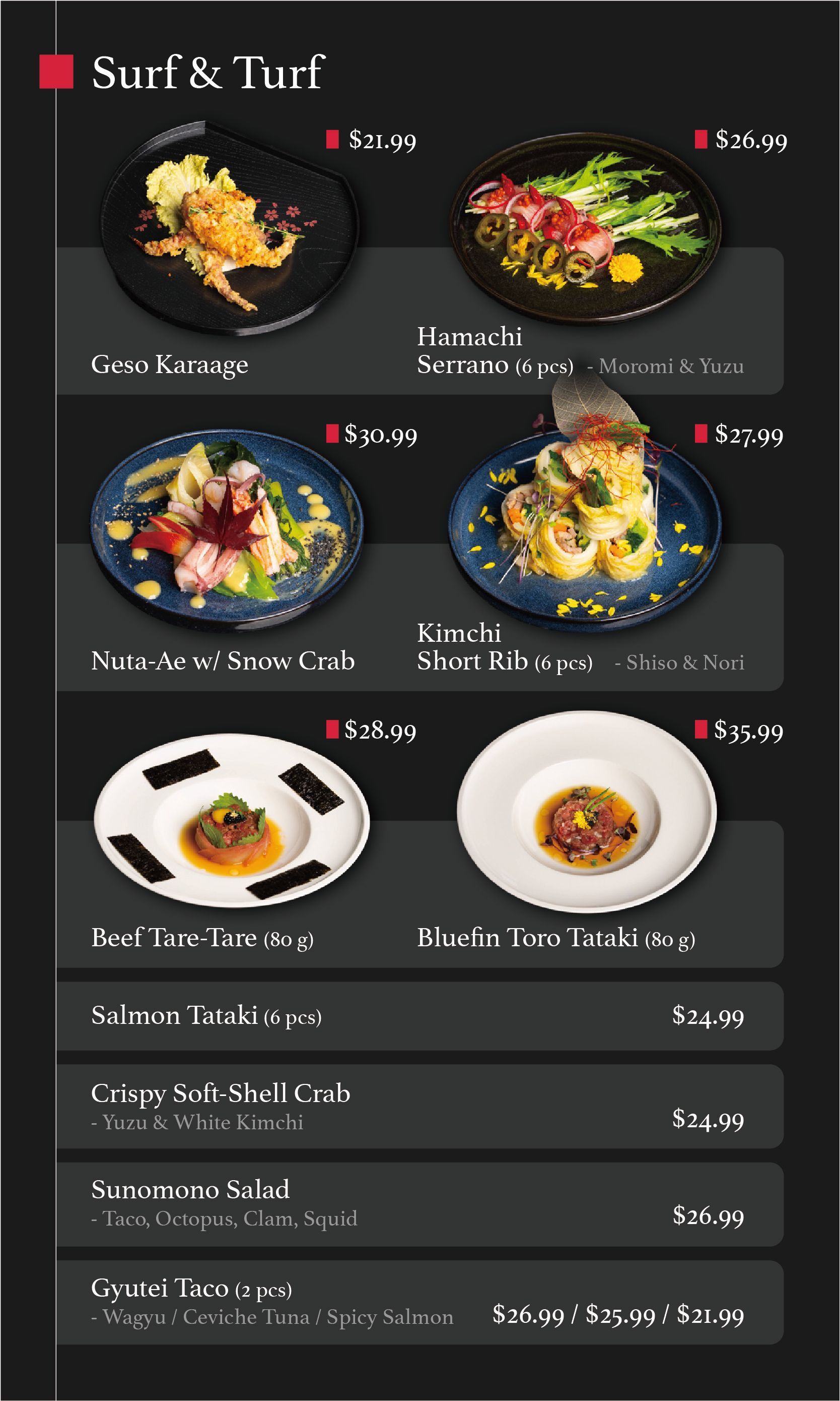 Surf and Turf restaurant menu featuring plated dishes on a dark background