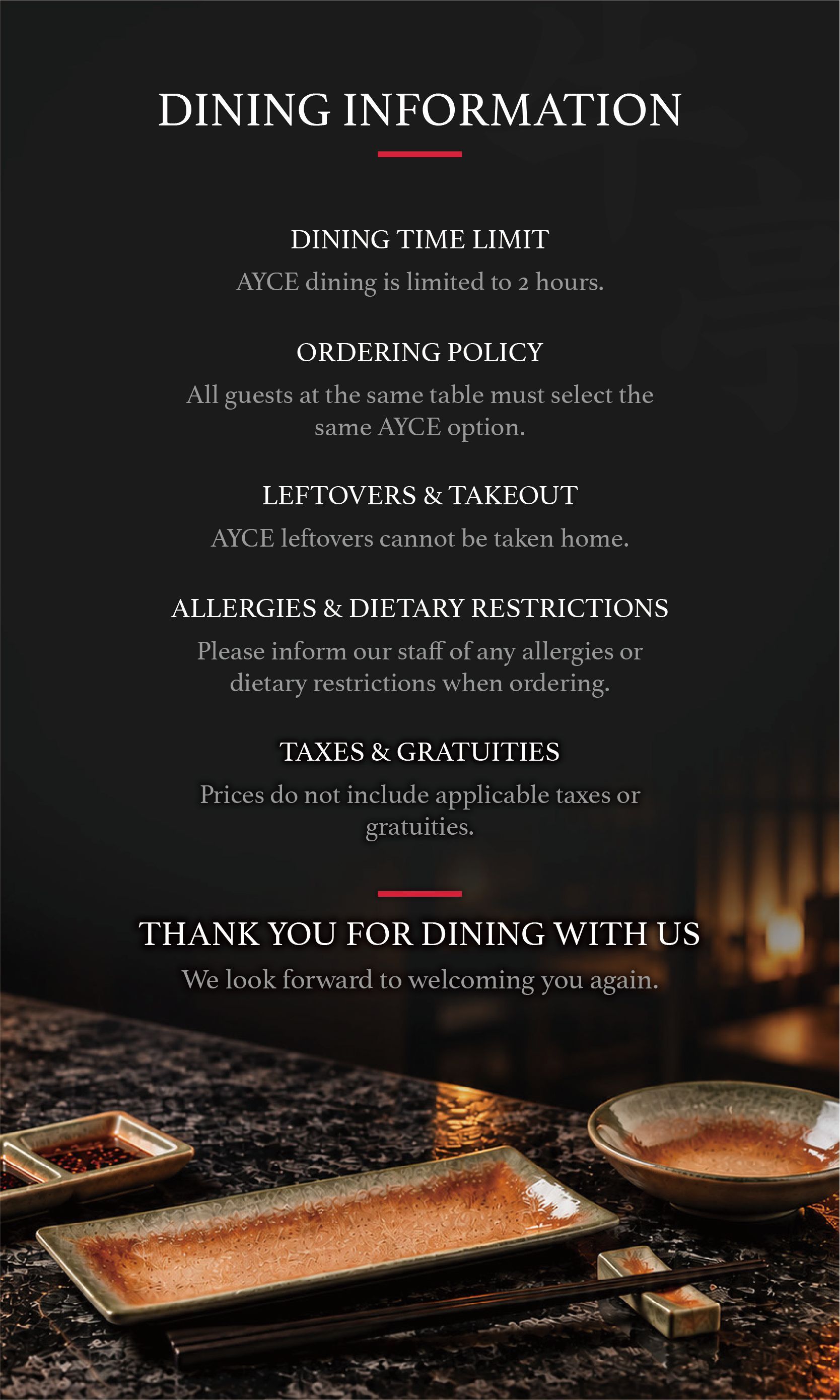 Dining information poster on a dark background with white text and plated food at the bottom.