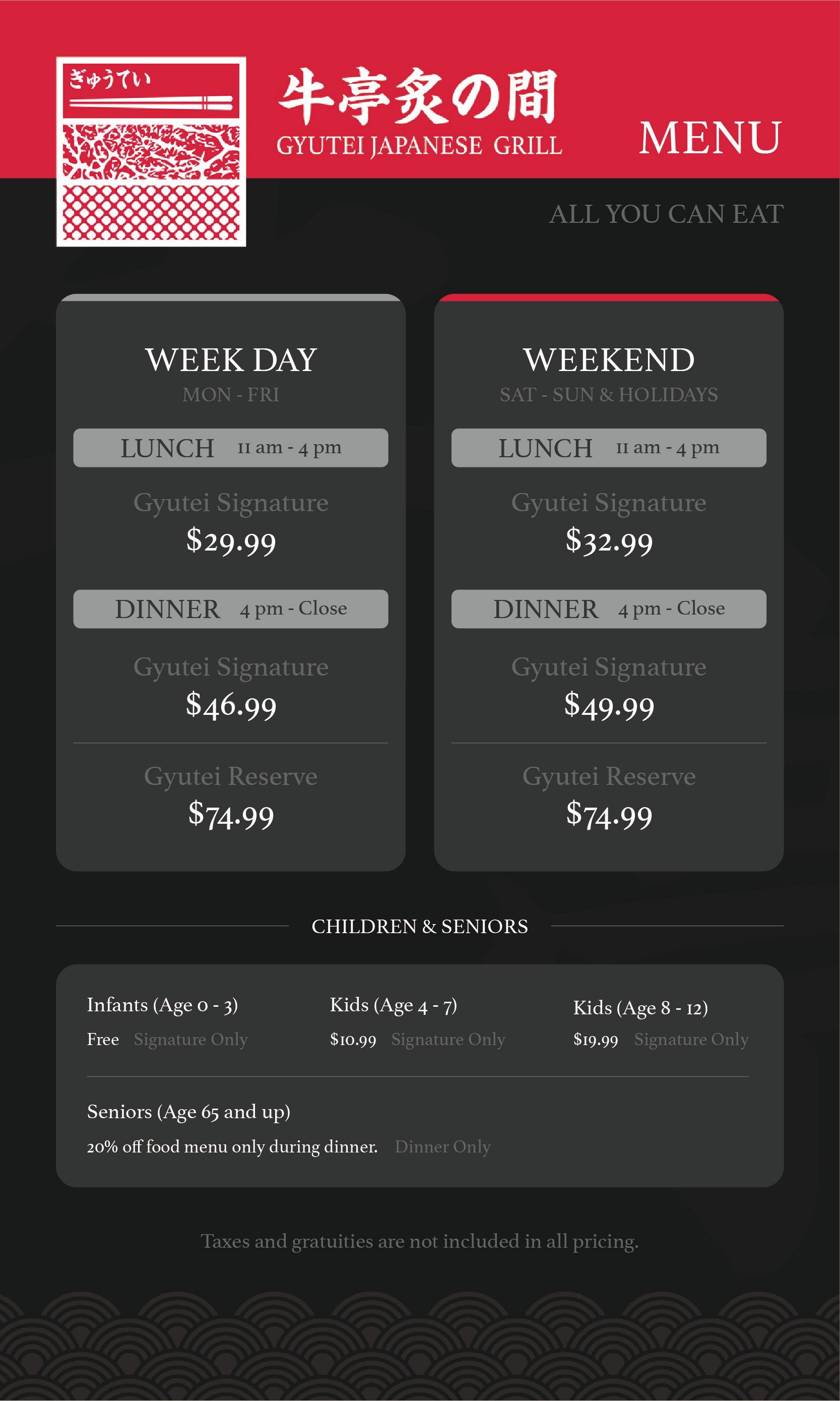 Japanese restaurant menu with red header and dark background, listing lunch and dinner sets with prices.