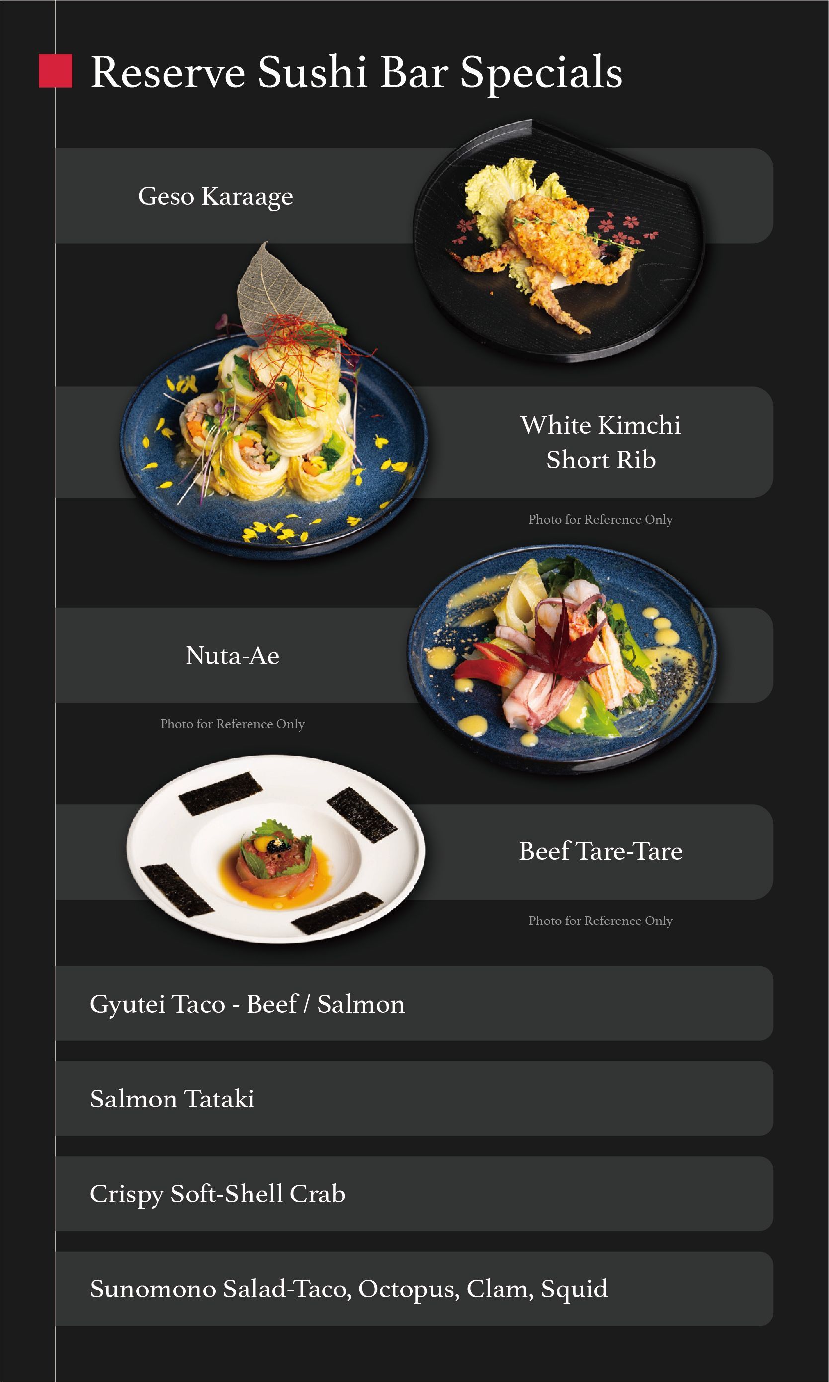 Restaurant menu for sushi bar specials with photos of plated sushi dishes on a dark background