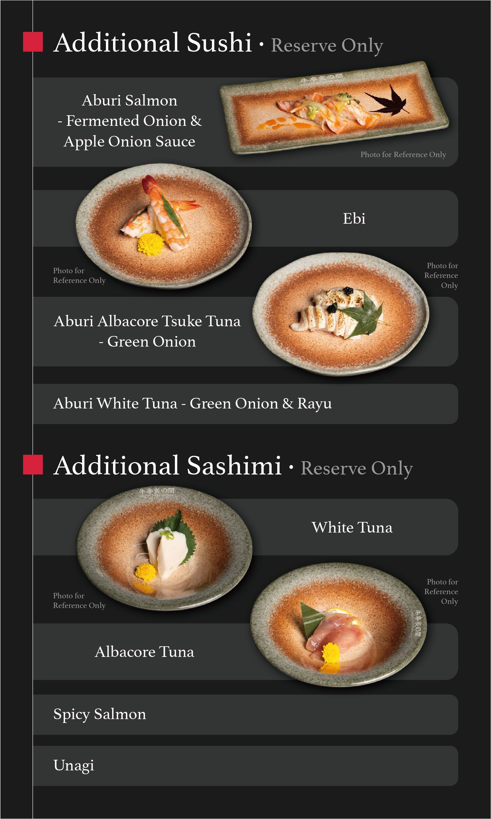 Restaurant menu section for additional sushi and sashimi, with plated sushi photos and item names on dark background