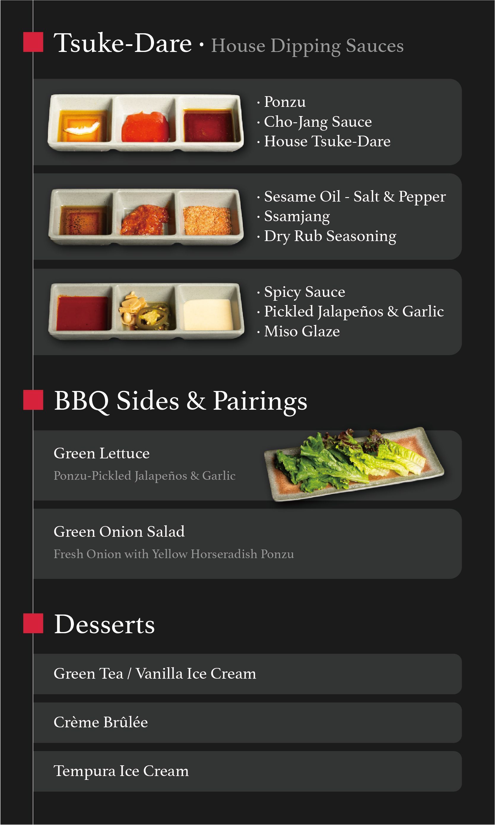 Menu board with tapas, BBQ sides and desserts on dark background with red section labels