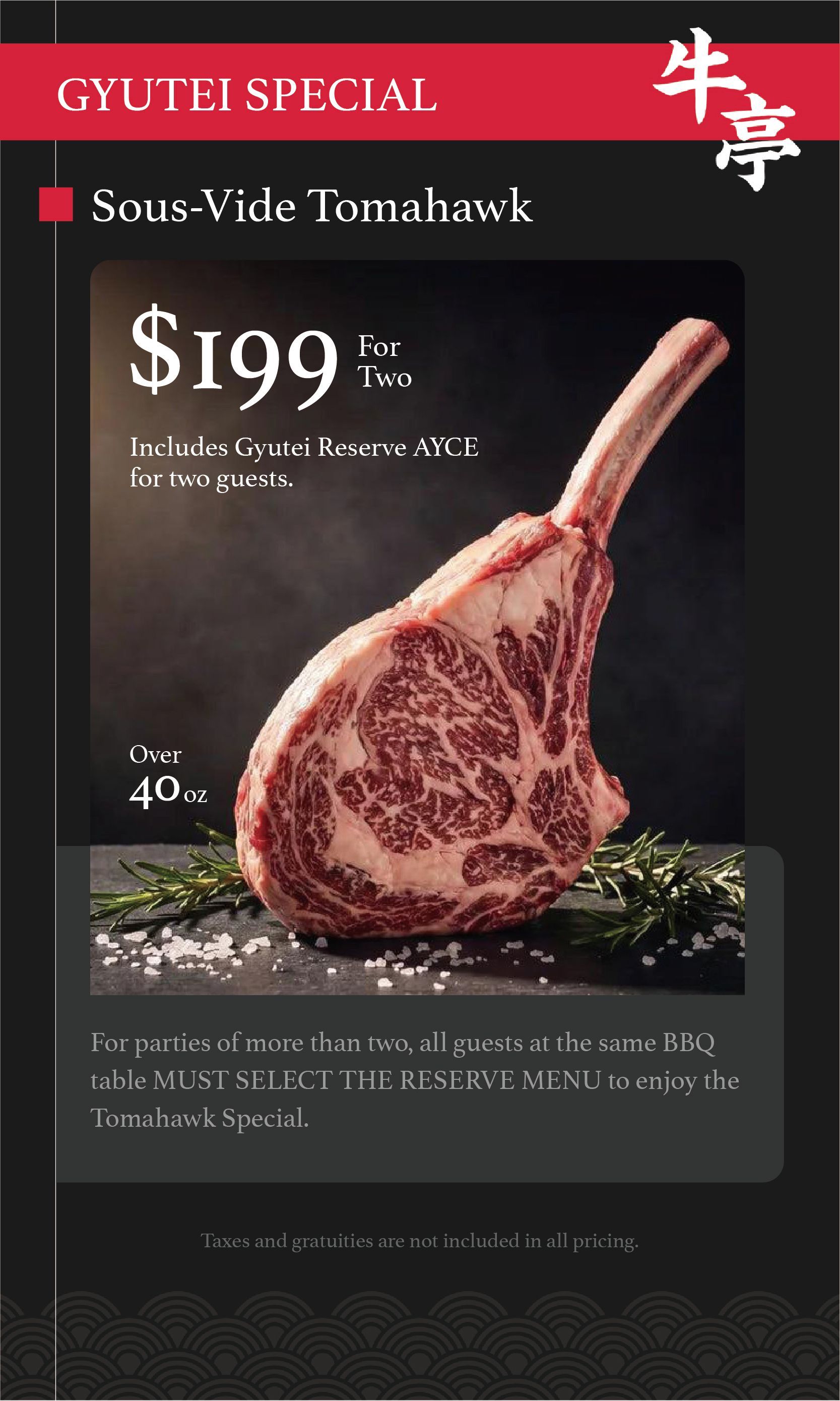 Gyu-Kaku special ad for a sous vide tomahawk steak, priced at $199, with a red and black background
