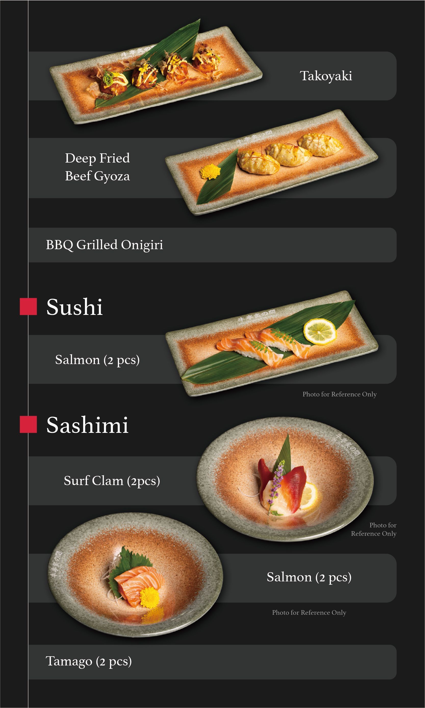 Sushi menu with plated rolls and sashimi on dark background, labeled section headings and prices