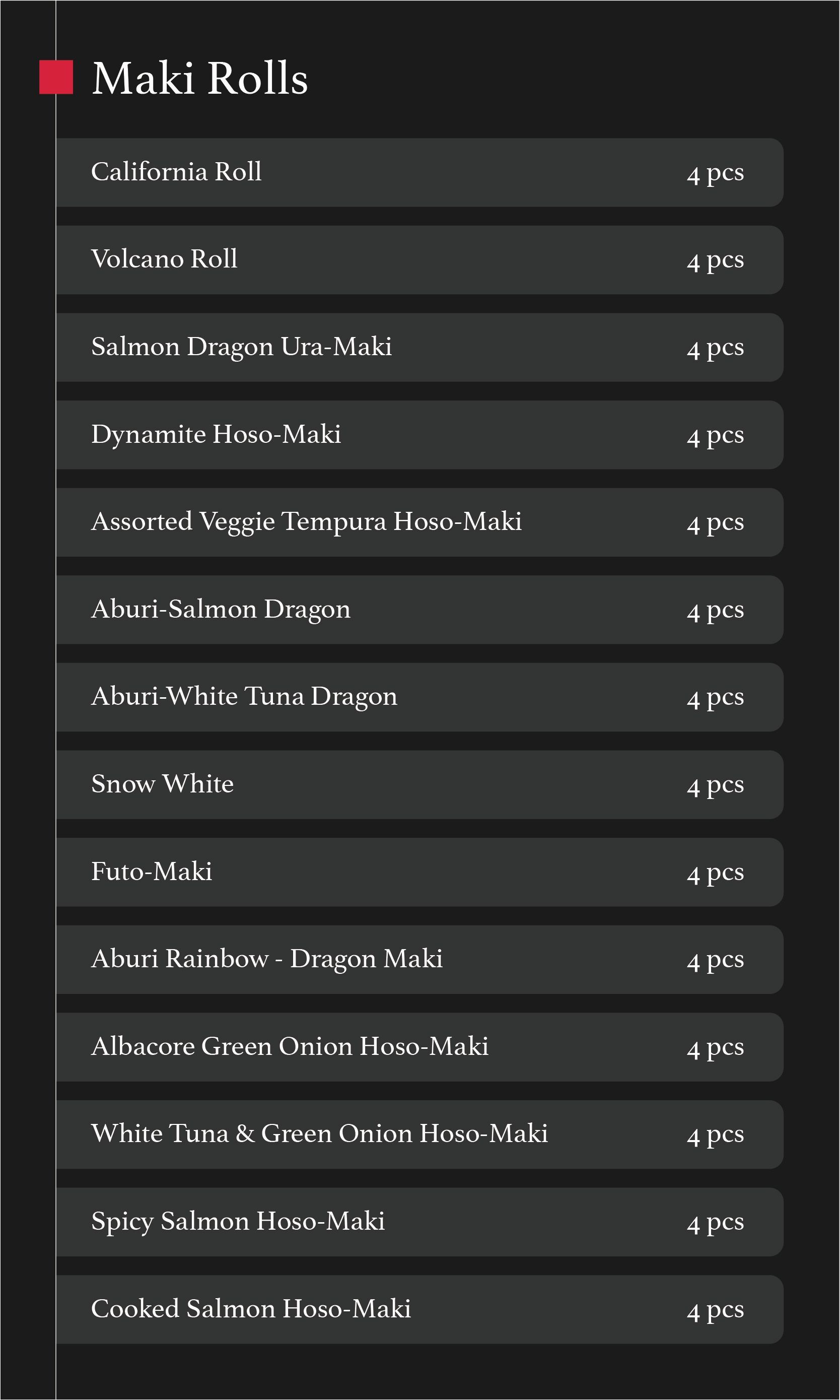 Dark-themed “Maki Rolls” menu list with multiple sushi items and prices displayed in rows