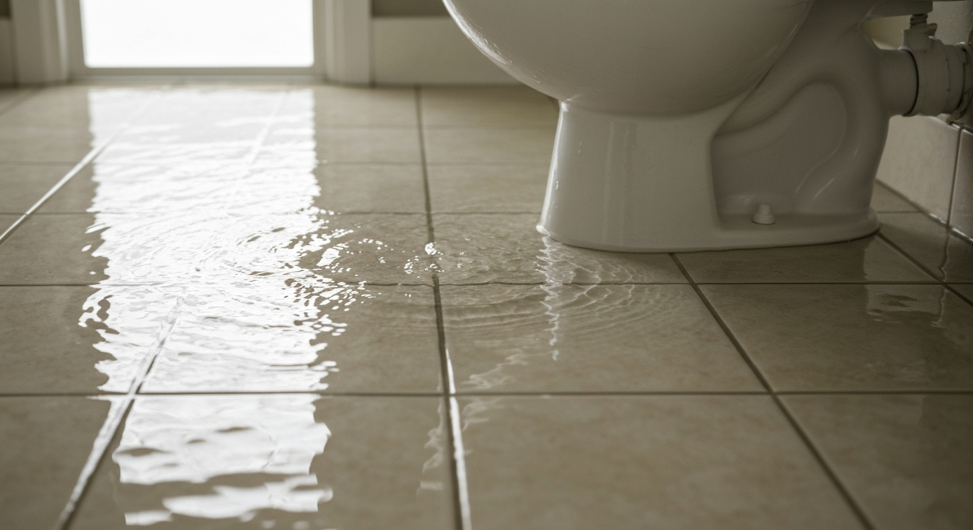 Bathroom floor flooded with water leaking near a toilet.