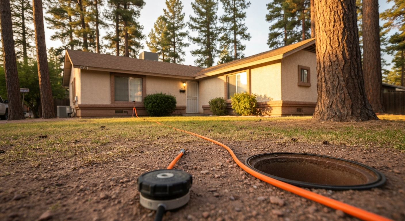 Orange hose and black reel on dirt in front of a house and tall pine trees at sunset