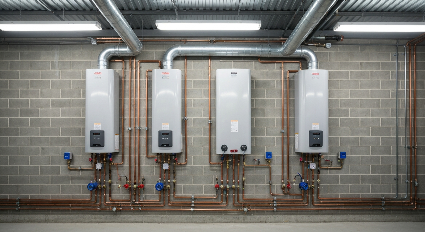 Four white wall-mounted boilers with copper piping in a utility room against a cinderblock wall.