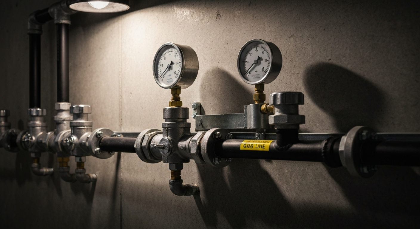 Industrial pipes with two pressure gauges and valves in a dimly lit room