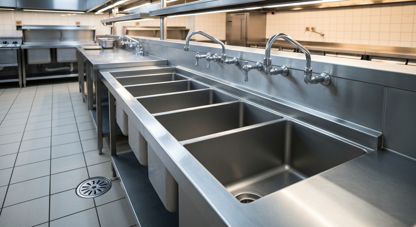 Industrial stainless-steel kitchen with long sink and multiple faucets in a tiled room