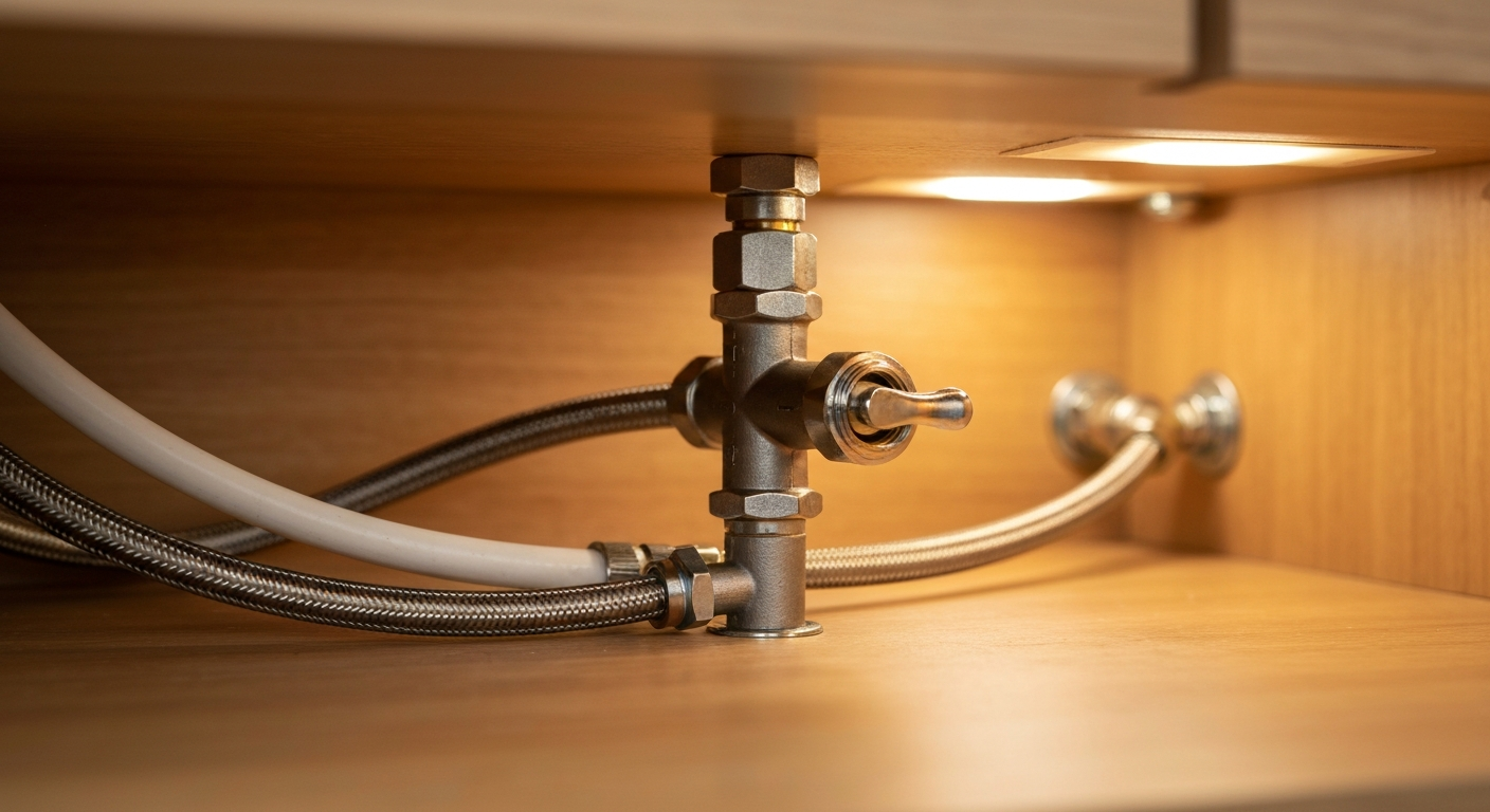 Under-sink plumbing with metal pipes and braided hoses inside a wooden cabinet