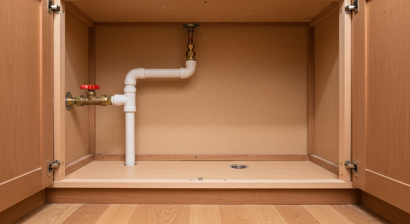 Open cabinet under sink with white plumbing and a red valve, viewed from inside the cabinet.
