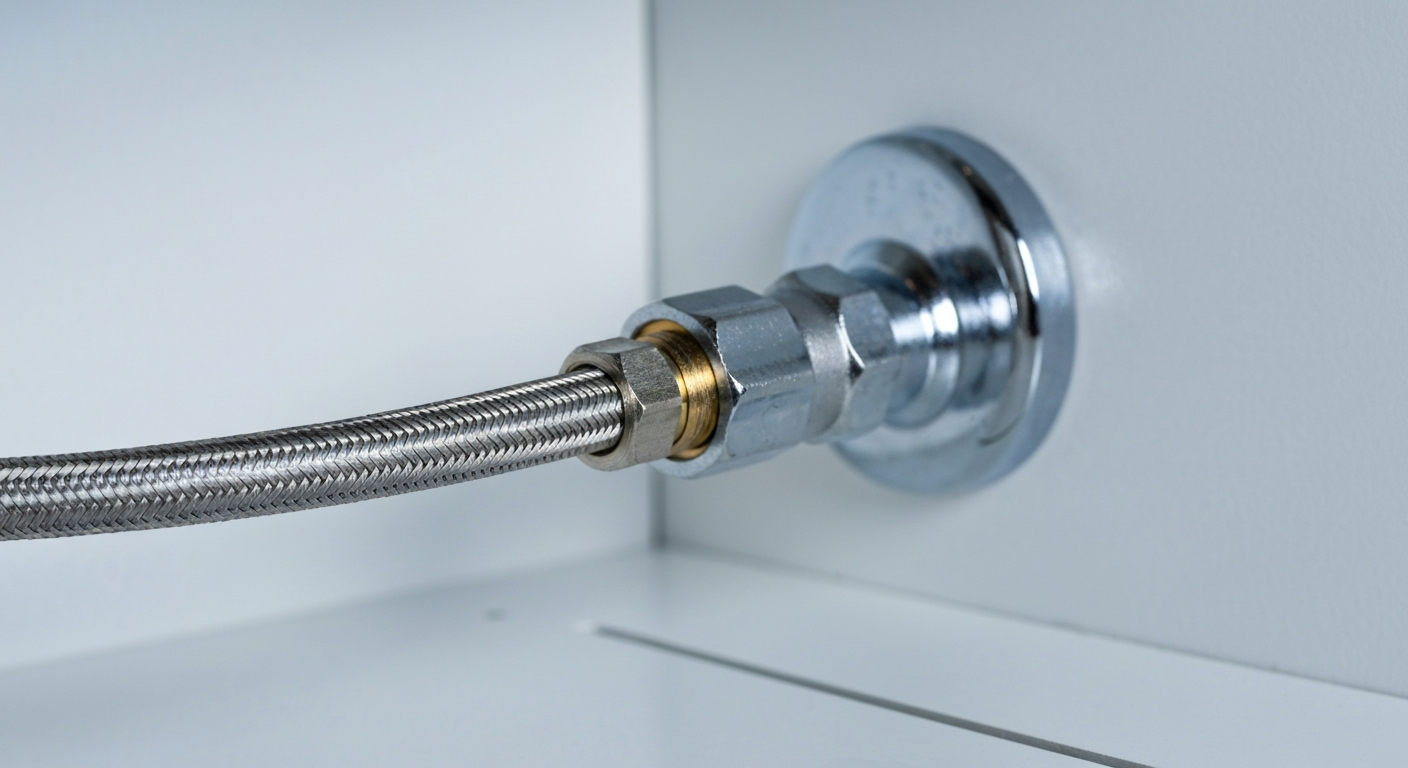 Braided metal hose connected to a chrome fitting on a white wall panel