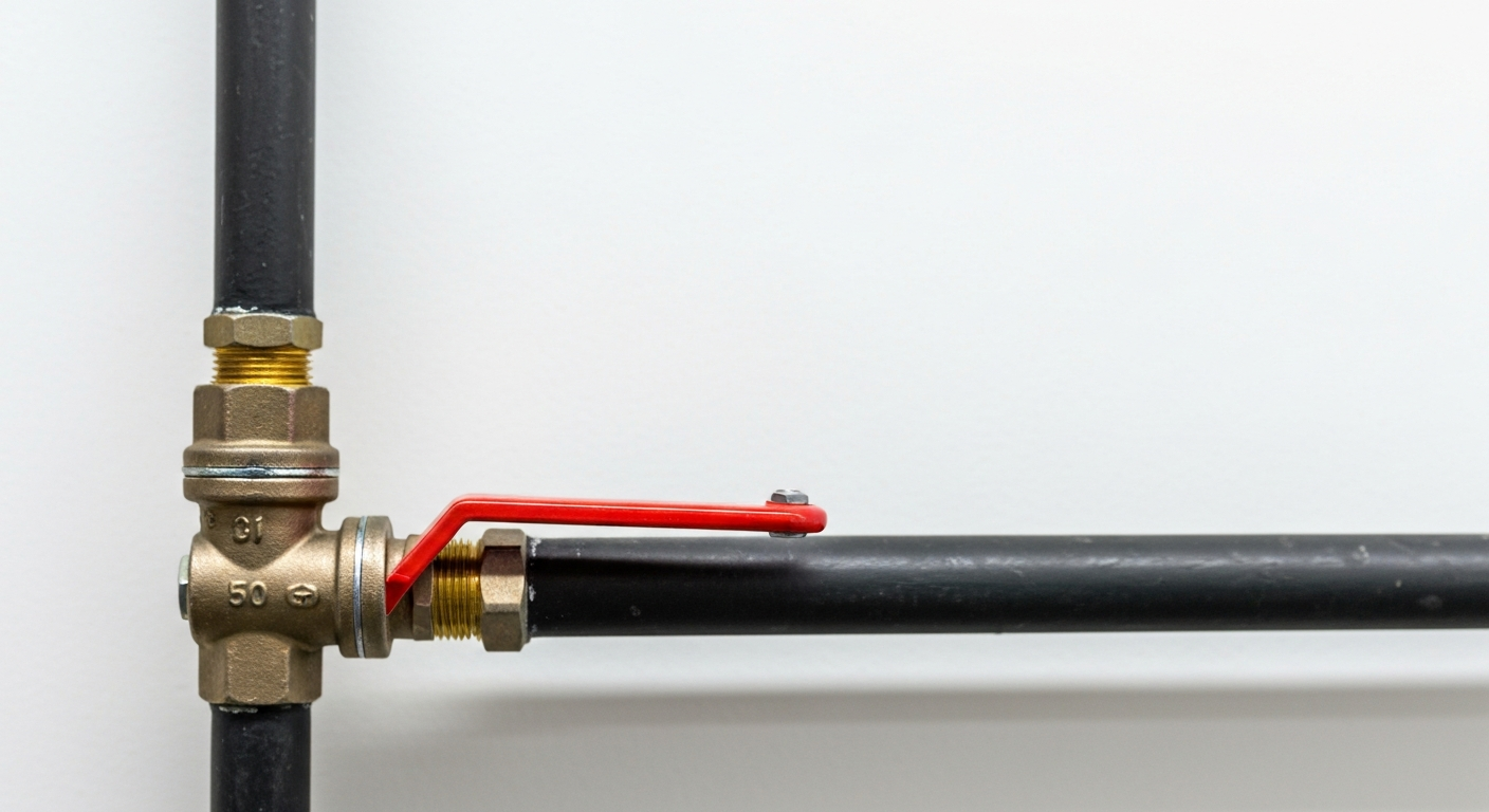 Red-handled brass shutoff valve on black pipes against a white background