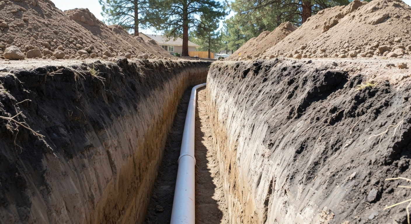 A narrow trench with a white pipe running through dirt, with pine trees and mounds of soil in the background