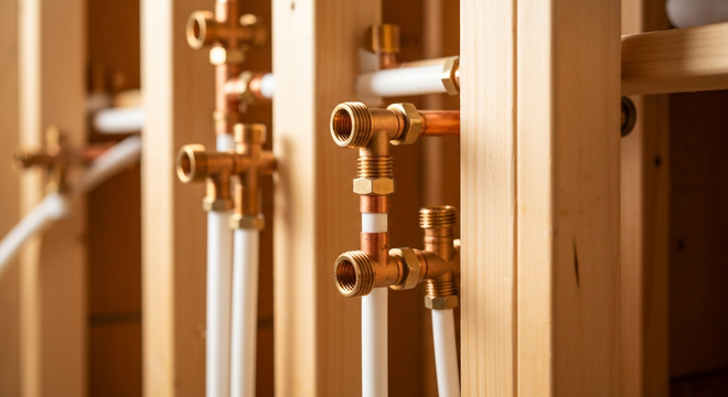 Copper pipes and brass fittings in a wooden wall cavity, part of plumbing installation