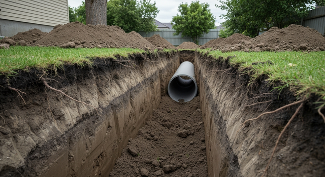 Trenched yard with a large drainage pipe being installed underground, soil piled along both sides.
