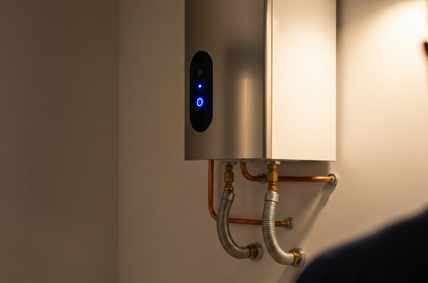 Wall-mounted water heater with exposed copper pipes and blue indicator lights in a beige room