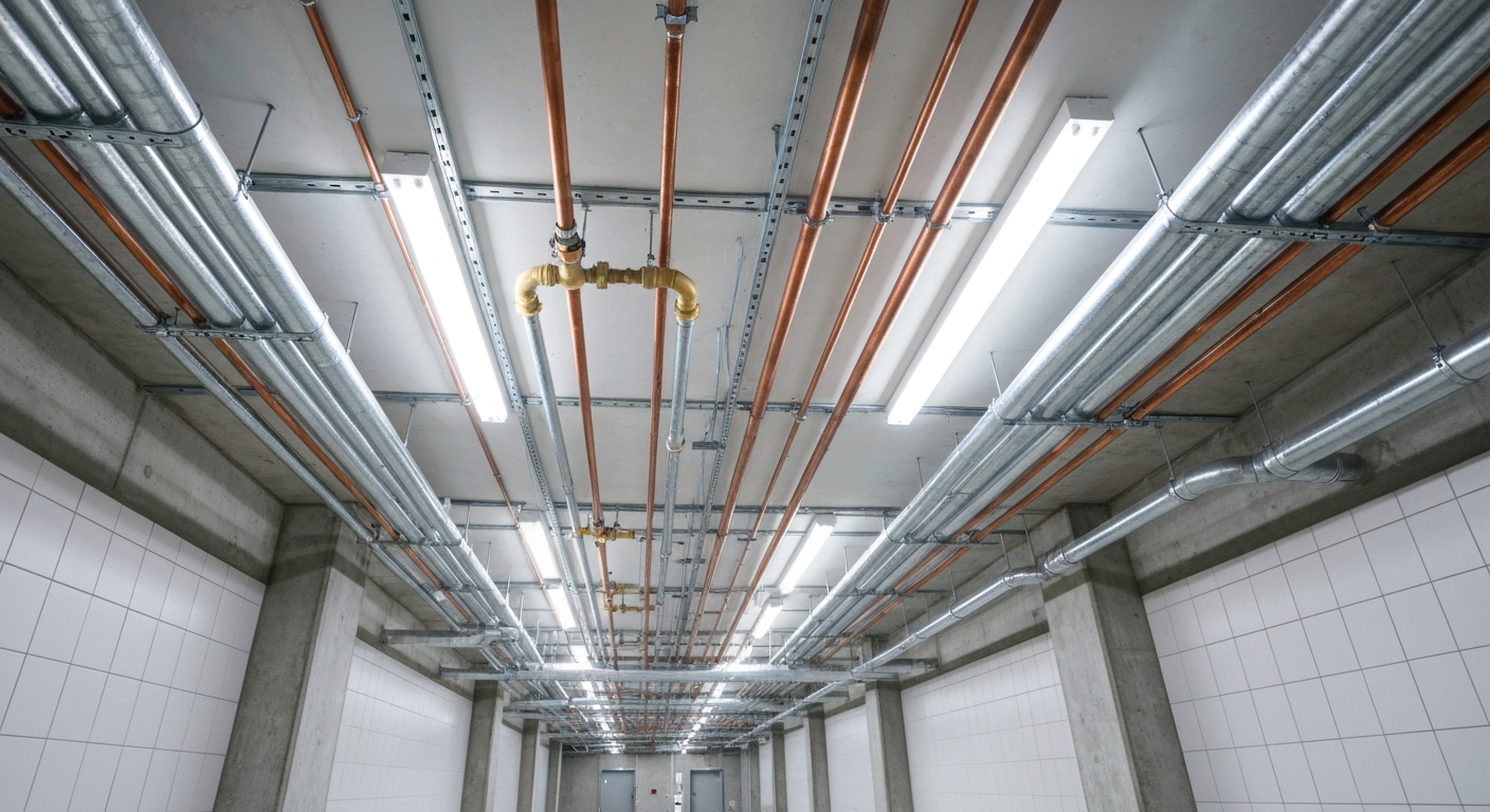 Empty industrial room with white tiled walls and exposed ceiling pipes and ducts