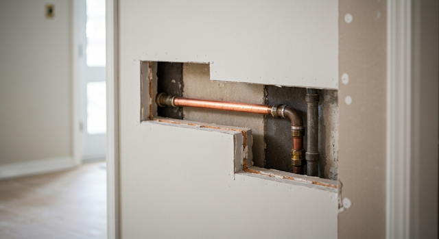 Wall cutaway exposing copper plumbing pipes inside a white interior wall