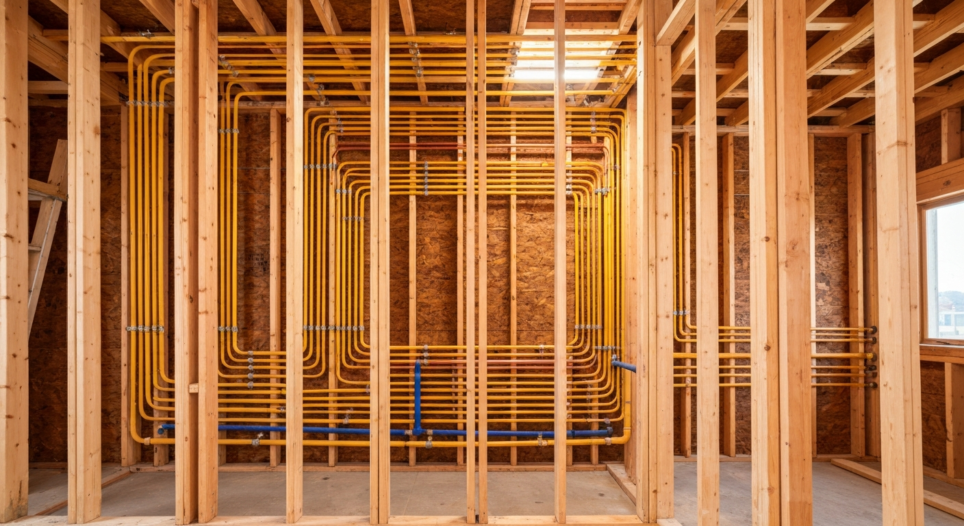 Interior of a wooden building frame with exposed studs, beams, and yellow plumbing pipes under construction