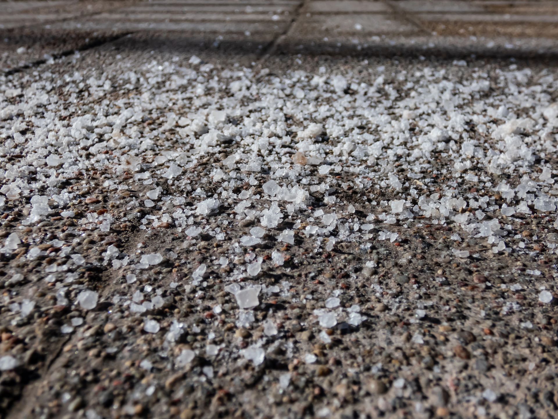 Close-up of salt crystals scattered on a rough outdoor surface near a step