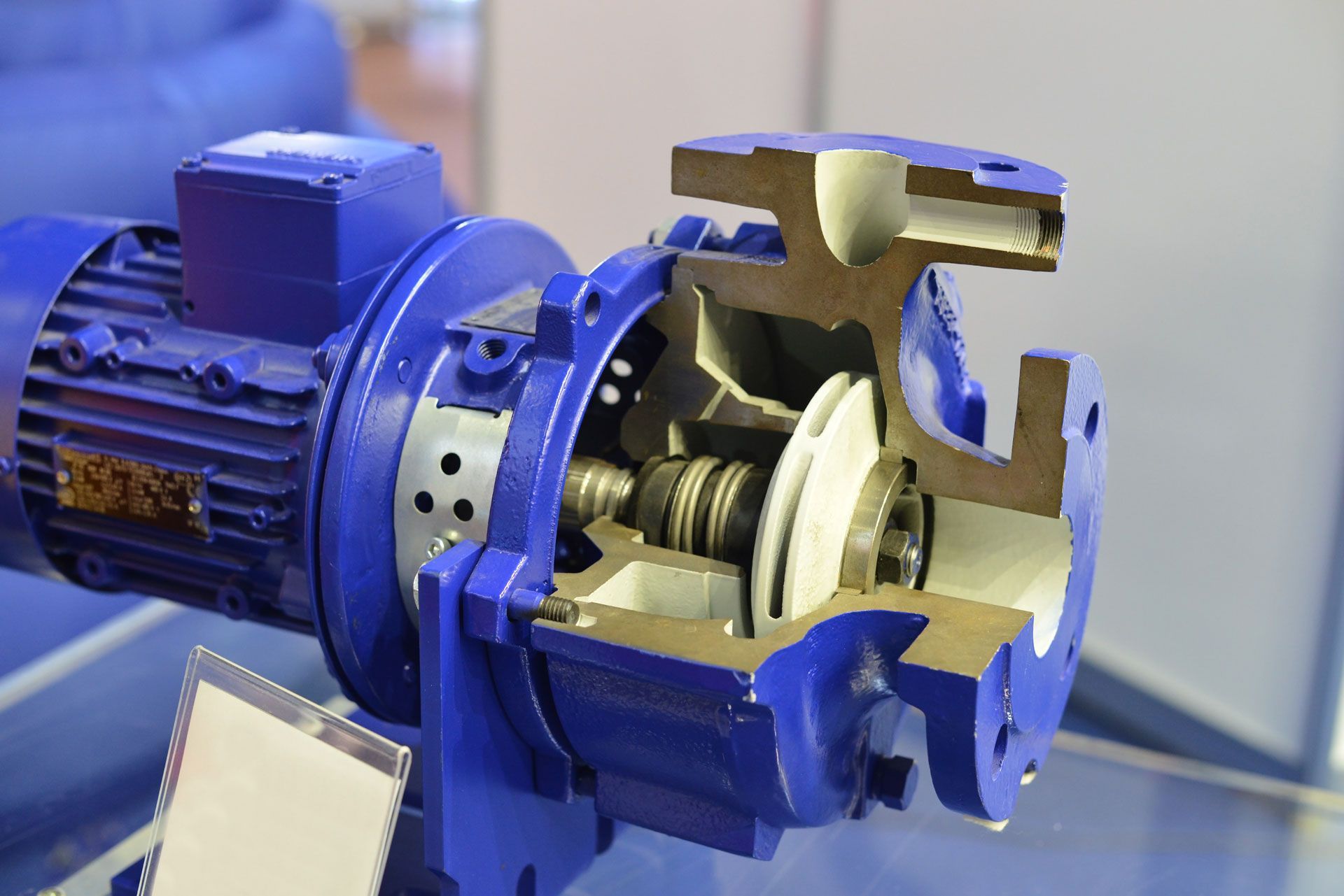 A blue motor is shown cut in half on a table.