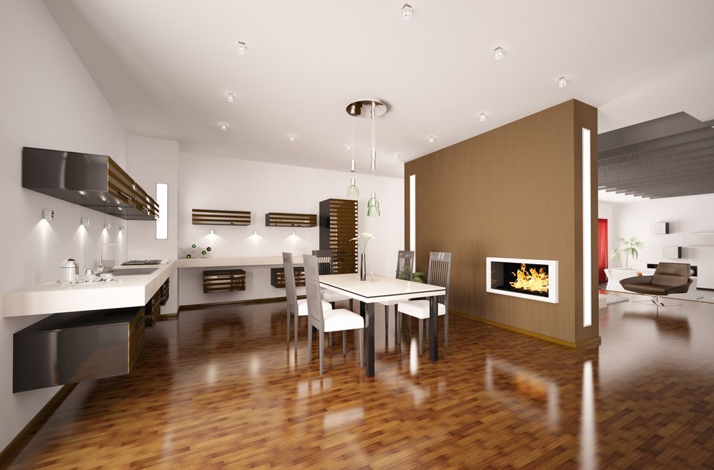 A Dining Room With a Table and Chairs and a Fireplace — Hunter Kitchen King In Warners Bay, NSW