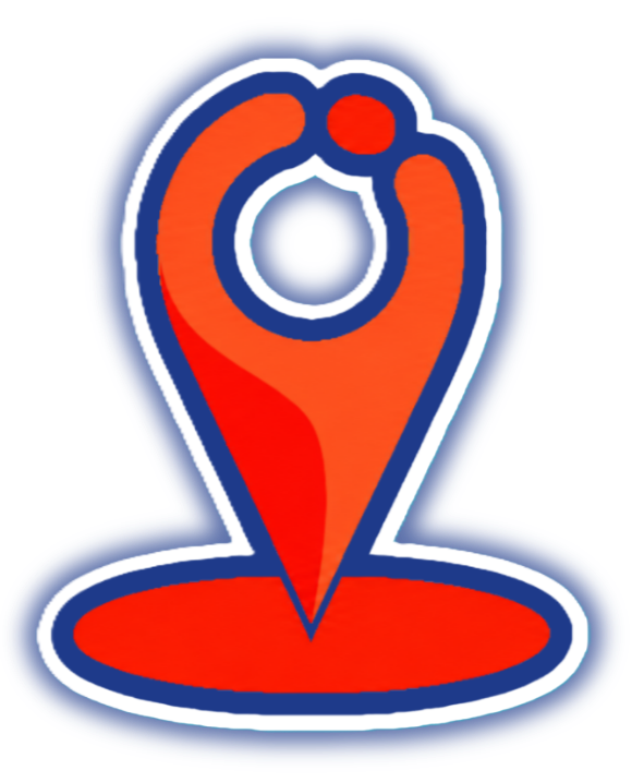 Red and blue location pin icon with a circular center and oval base