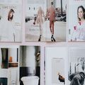 Open fashion magazines and a bathroom magazine spread with minimalist interiors.