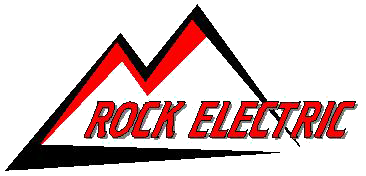 A red and black logo for rock electric with a mountain in the background.