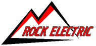 A red and black logo for rock electric with a mountain in the background.