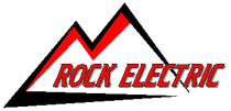 A red and black logo for rock electric with a mountain in the background.