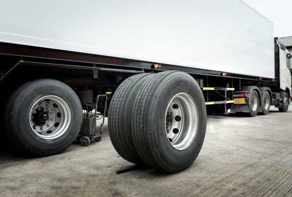 A semi truck with two tires on the back is parked in a parking lot.