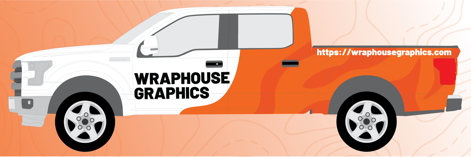 White pickup truck with orange and white wrap, 
