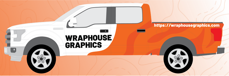 A white and orange pickup truck with the words 