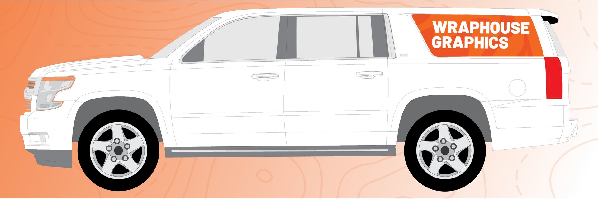 White SUV with orange branding that reads 