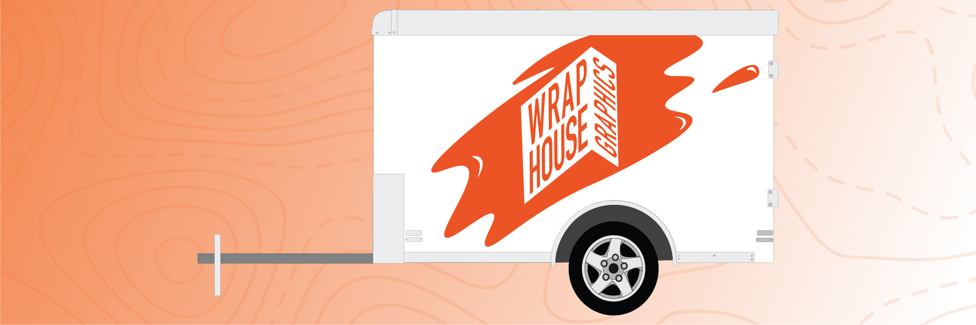White trailer with orange Wrap House logo on an orange gradient background.