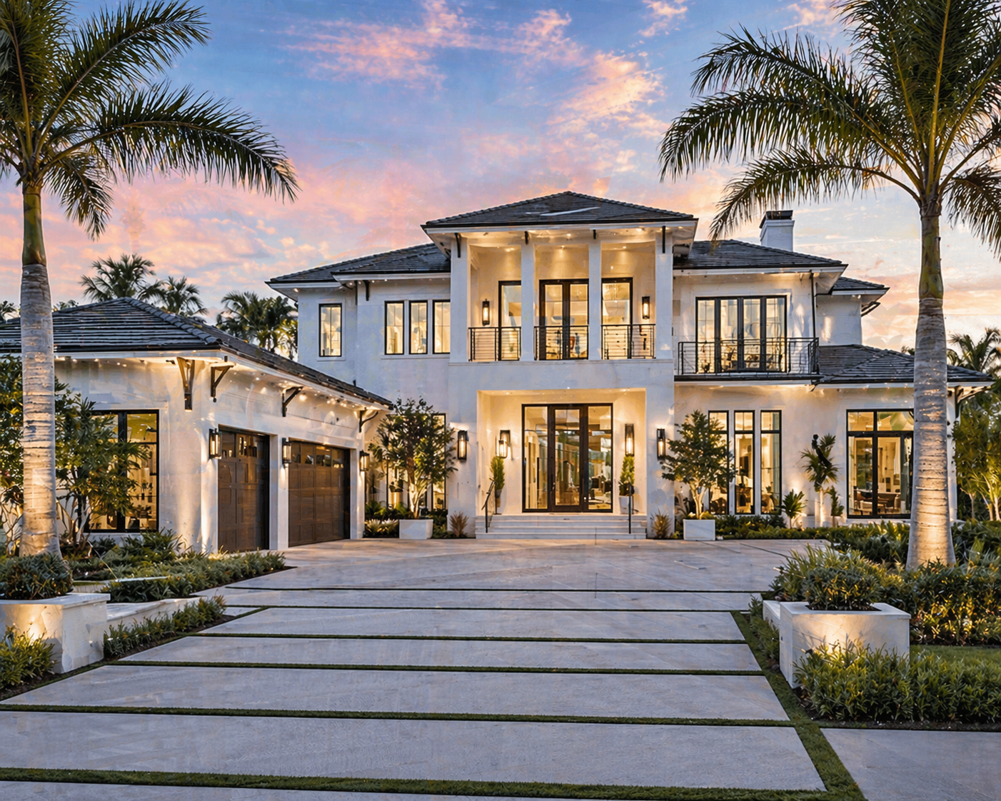 Luxurious modern mansion with palm trees and a wide stone driveway at sunset