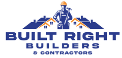 Built Right Builders & Contractors logo with blue houses, roofline, and a worker in a hard hat