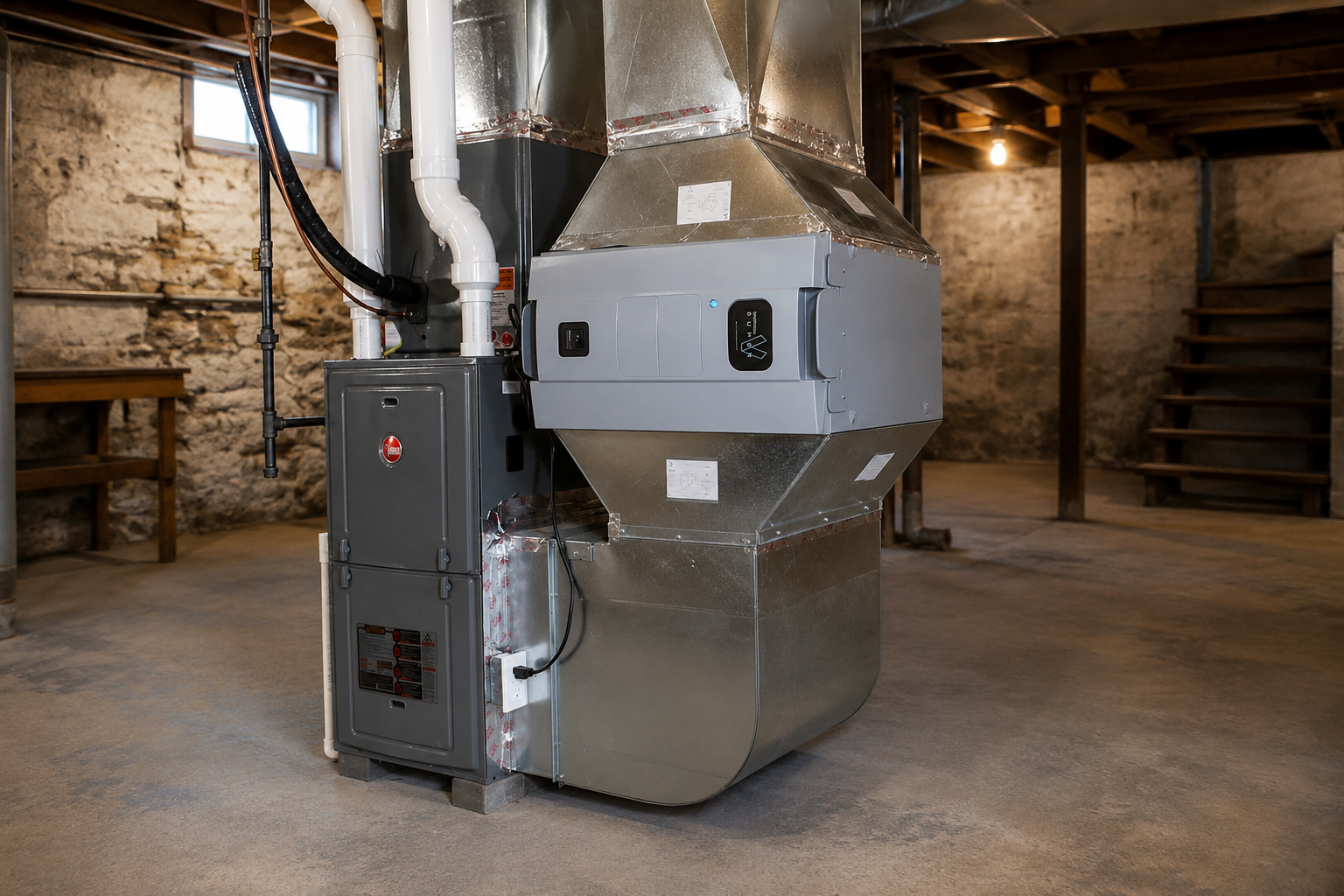 Industrial HVAC ductwork and equipment in a basement utility room with brick walls and concrete floor