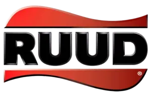 RUUD logo in black letters with red swoosh accents on a white background