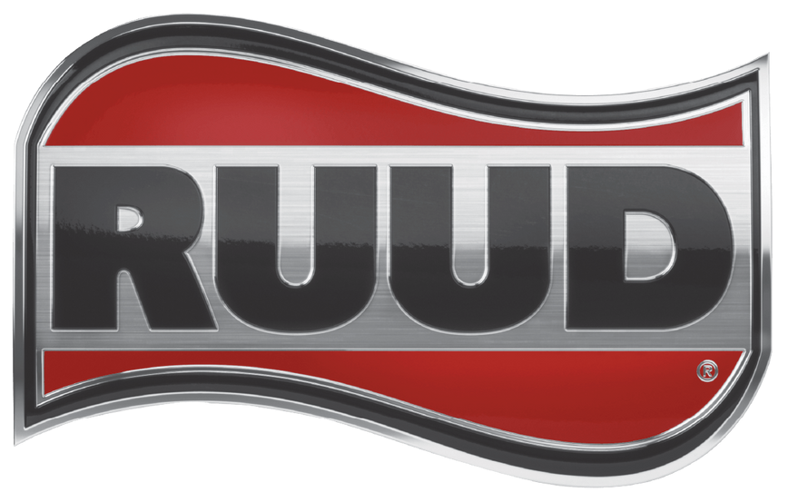 RUDD logo in bold black letters on a red and gray wavy background