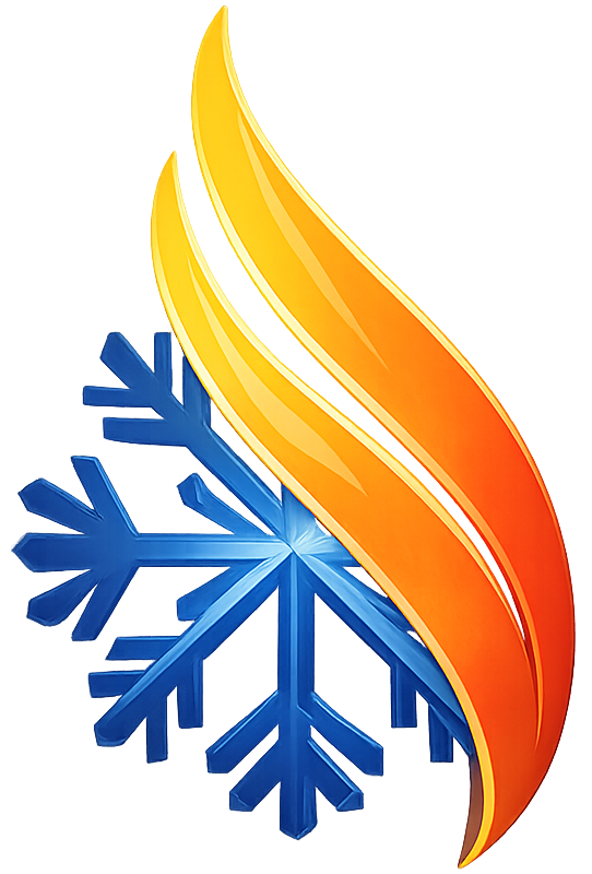 Blue snowflake with a yellow-orange flame overlay, forming a stylized cold-and-hot logo