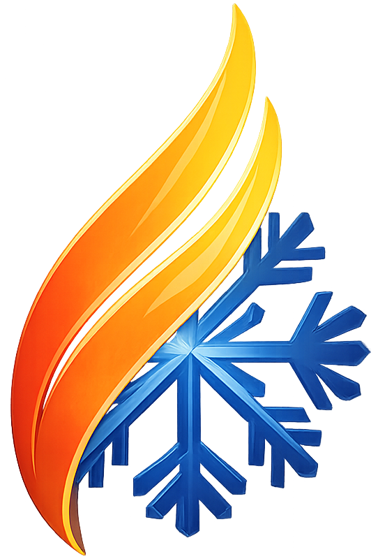 Blue snowflake with a yellow-orange flame overlay, forming a stylized cold-and-hot logo