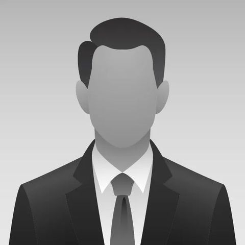 Neutral business profile avatar in a dark suit, white shirt, and tie on a gray background