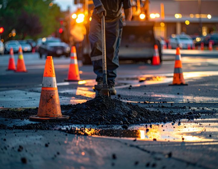 Construction worker repairing road with a shovel surrounded by orange cones and asphalt. Evening setting.