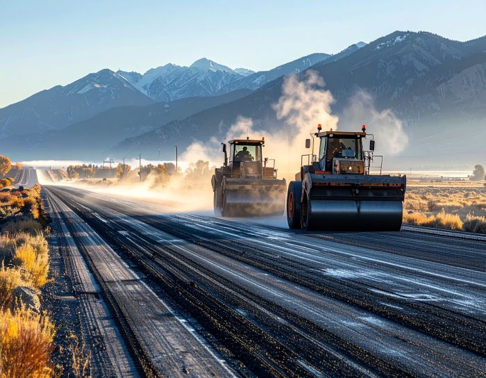 Road paving machines on a highway with mountain backdrop, creating steam, sunny day.