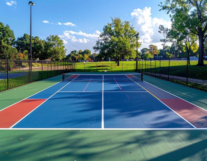 Tennis court with blue, red, and green surfaces, net, and surrounding trees under a blue sky.